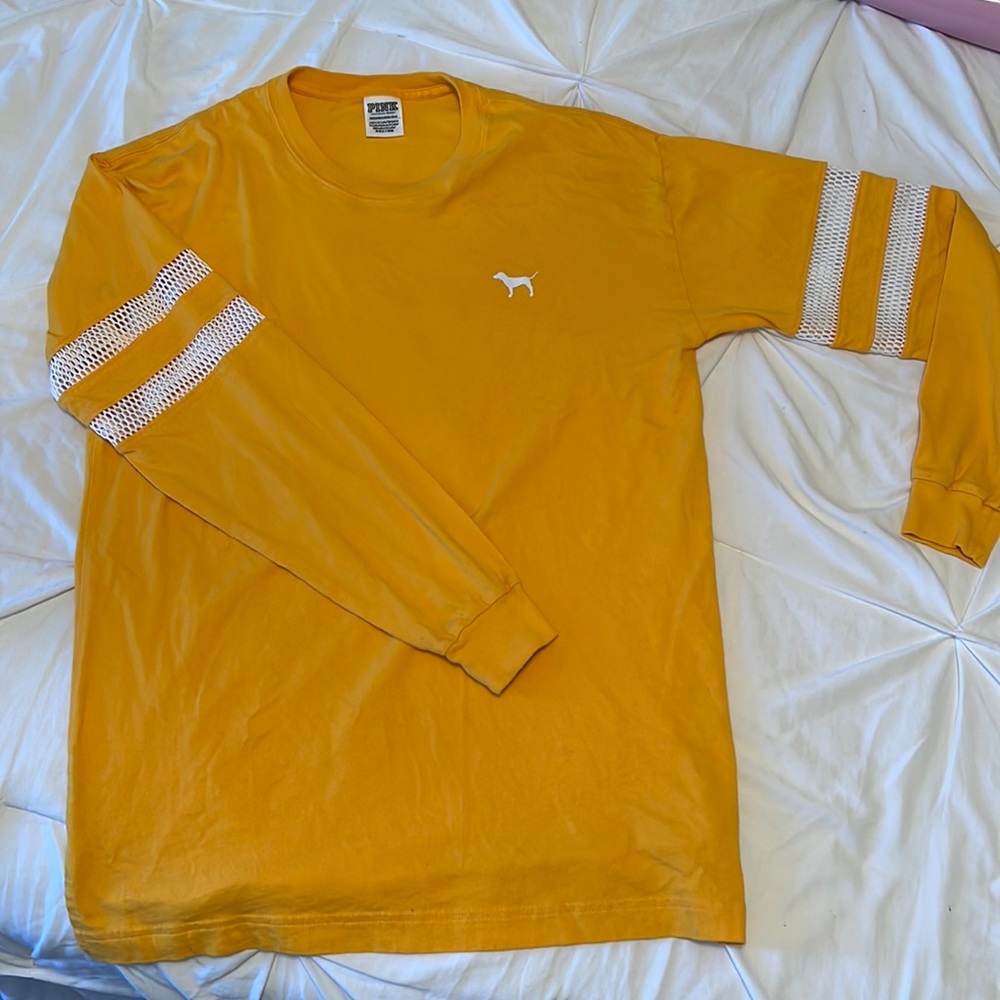 PINK long sleeve campus tee, mesh on sleeves, XS size but runs a bit big